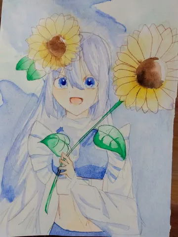 ひまわりと少女、青い空