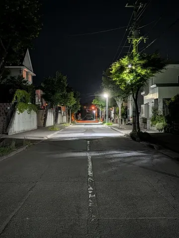 夜の静寂、街灯が照らす道