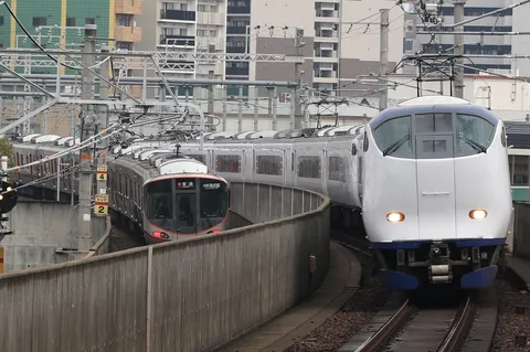 二編成が交差する鉄路の風景