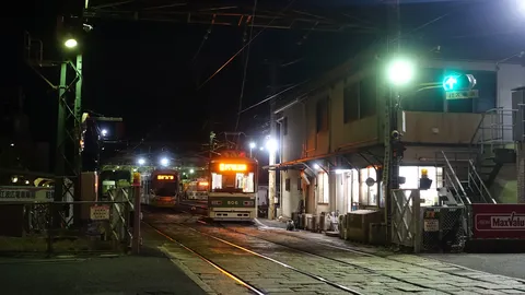夜の路面電車と静かな駅裏