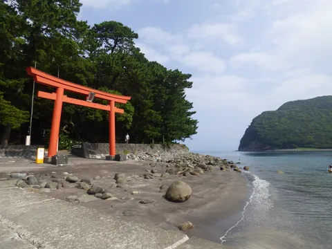 鳥居と海、緑のコントラスト
