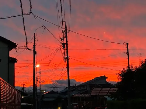 夕暮れの電線群と赤い空