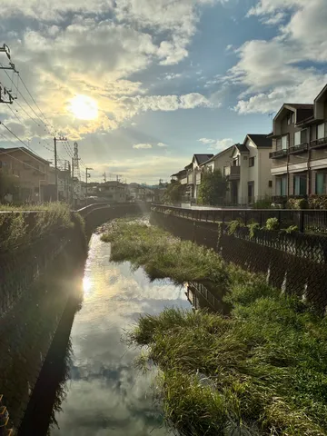 夕暮れの川沿い風景