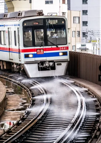 曲線を行く特急列車と水飛沫