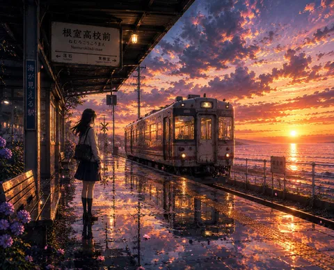 茜色の水鏡、海辺の駅