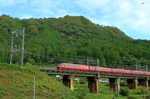 緑を滑る赤い列車