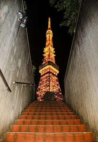 夜の階段、煌めくタワー