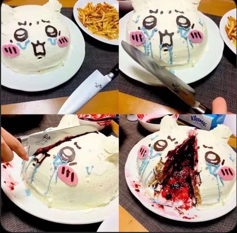 涙のお祝いケーキ、切られた瞬間