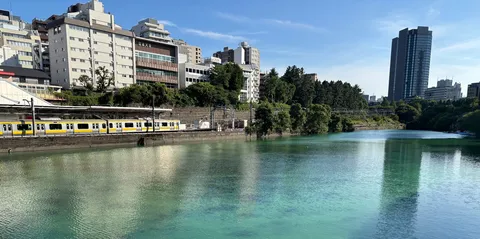 水辺を走る都会の列車
