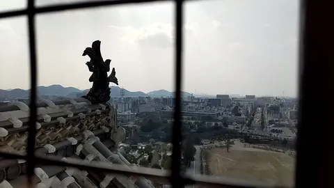 窓越しの鯱と広がる街