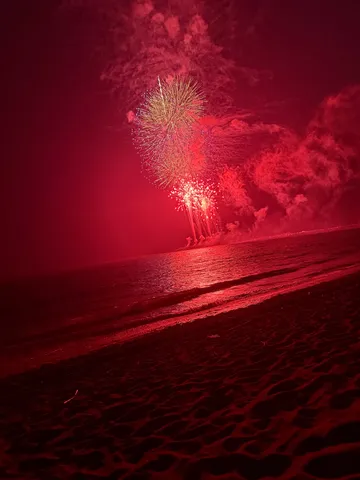 夜空を染める赤い花火と海
