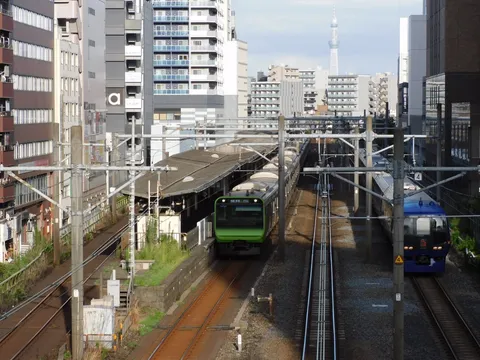 街と線路の間に光る緑