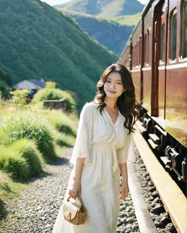 山と列車に映える白い佇み