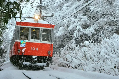 雪降る森の赤い電車