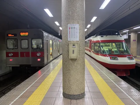 対照的な車両が並ぶ地下駅