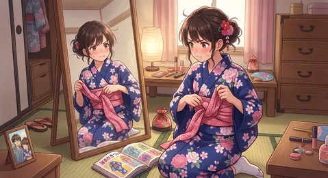 浴衣姿、鏡に映る迷い
