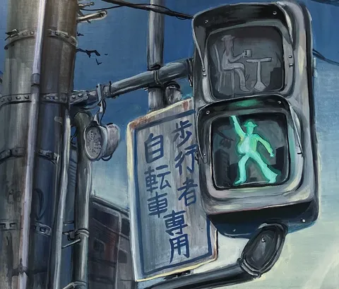 雨上がりの街角、絵画のような信号機