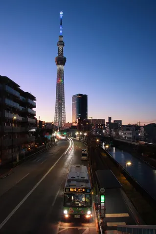 夜明け前の街と塔の光
