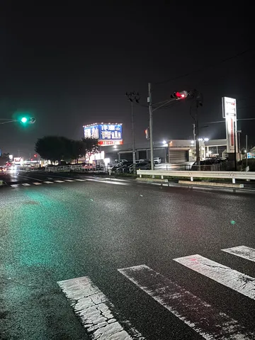 夜の信号、濡れた路面