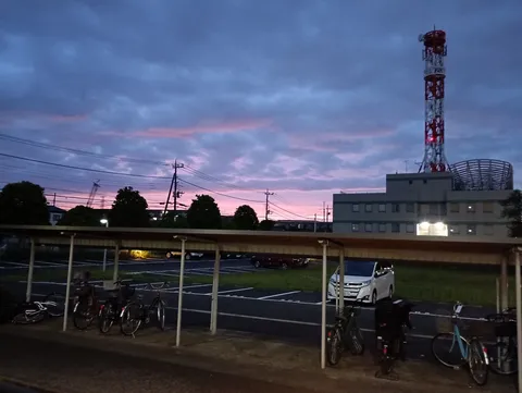 夕暮れに染まる街と電波塔