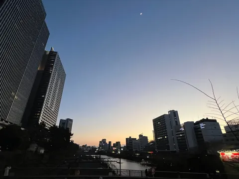 都会の夕暮れと月影