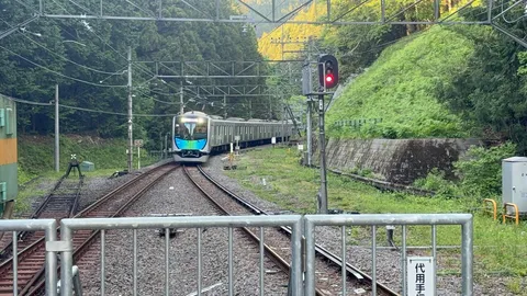 山を切り裂く通勤電車