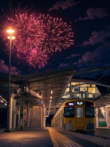 花火を待つ黄色い電車