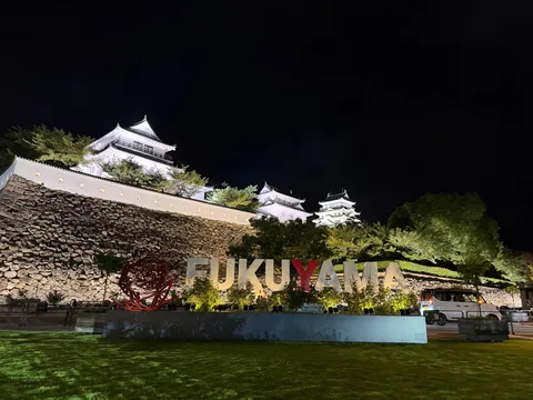 夜空に浮かぶ古城と街の灯り