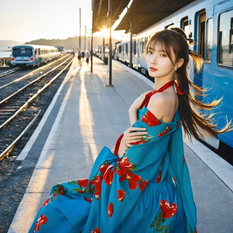 夕陽と花柄の列車待ち