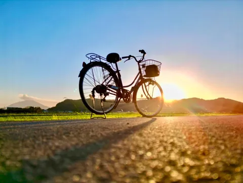 夕焼けの道、光と影の自転車