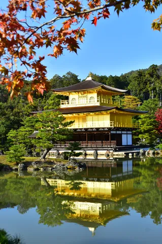 黄金に輝く寺院と紅葉のコントラスト