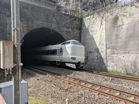 トンネルを抜ける白い列車