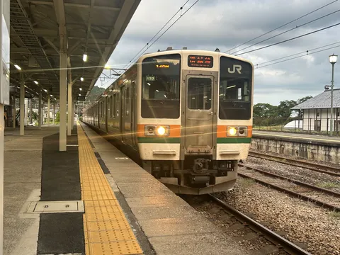 旅立ちを待つ鈍色の空と電車
