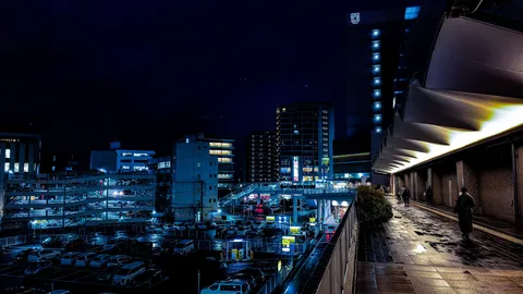 夜の街に映る青い雨