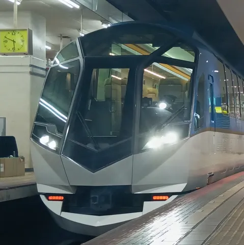 ホームで輝く流線形の車両