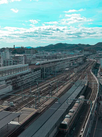 新幹線の駅、空と線路の交差点