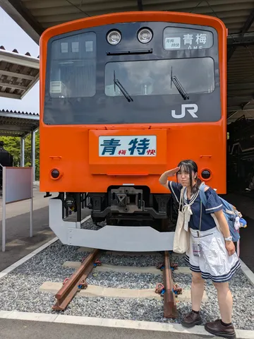青い空と赤い電車、凛々しい敬礼