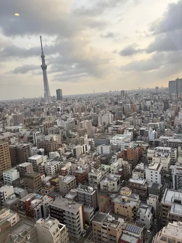 曇り空と都会のタワー