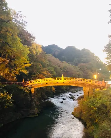 秋色の渓谷に架かる朱色の橋