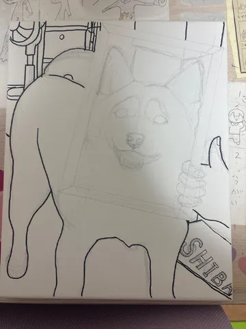 柴犬、キャンバスに夢中？