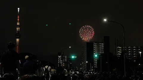 夜空を彩る花火とタワー
