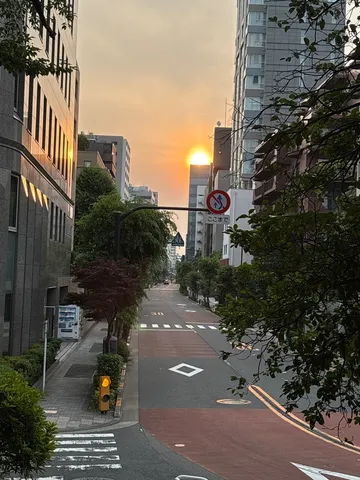 都会の夕暮れ、逆光のサンセットロード
