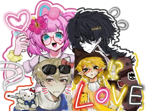 ネオンとキャラクターたちのカラフルな世界