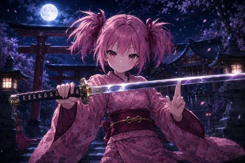 月夜に佇む、刀を構える少女