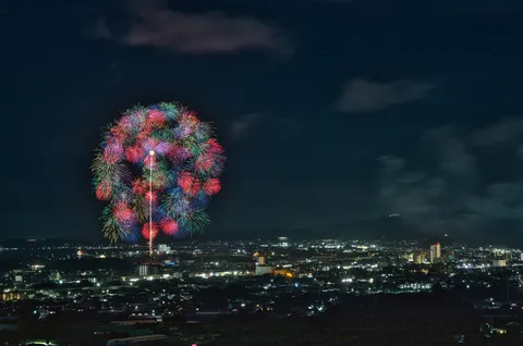 夜空を彩る花火と街の輝き