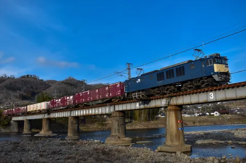 橋を渡る青い機関車