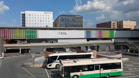 カラフルな駅とバスたち