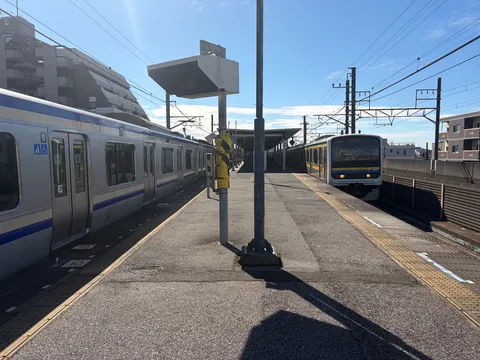 二つの列車が並ぶ、静かな駅の午後