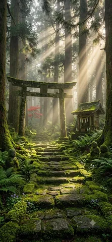 神秘の森、光と苔の道
