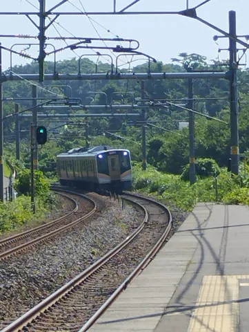 曲がる線路と緑の風景